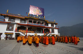 Monks assembling at Druk Amitabha Mountain Temple